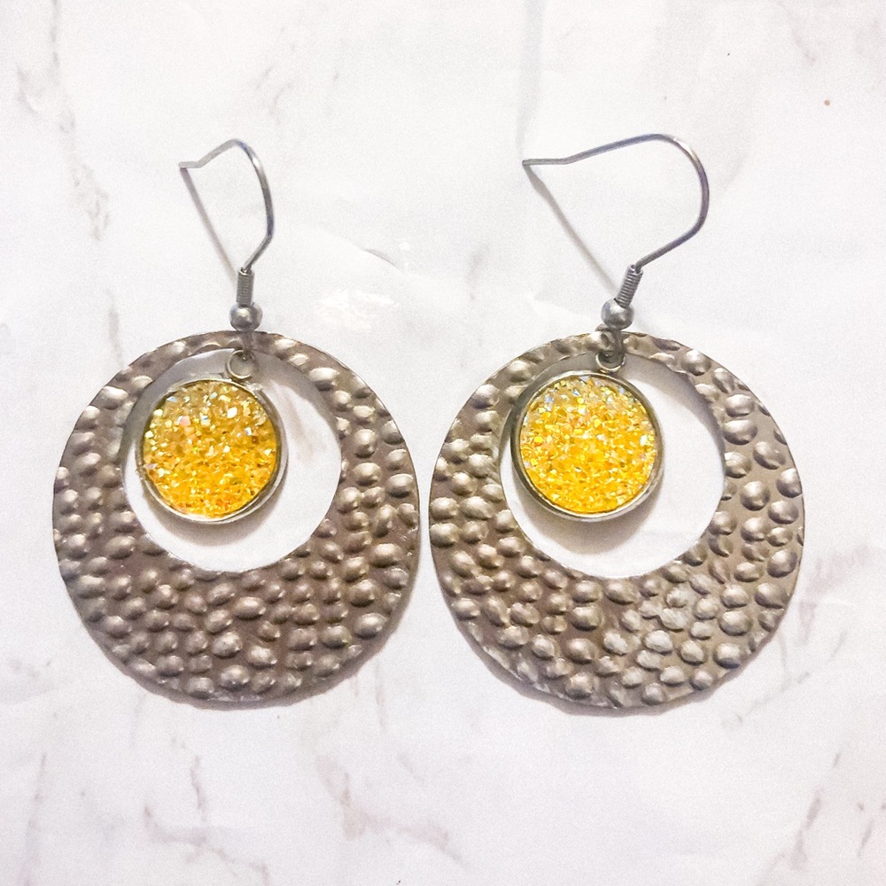 Yellow Druzy Stainless Steel Hoop Earrings